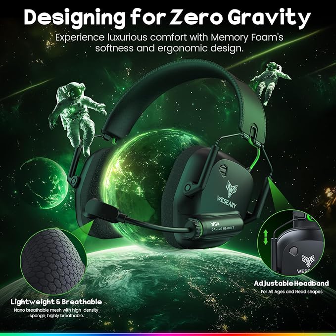 WESEARY Wireless Gaming Headset 2.4GHz & Bluetooth 5.4 Gaming Headphones with ENC Mic, Ultra-Low Latency, Stereo Sound, Soft Earmuffs, Wireless Headsets for PS5, PS4, Switch, PC, Mac