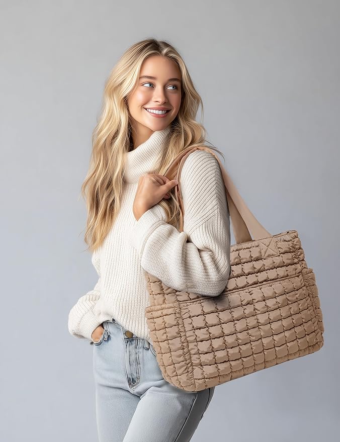 Yarnic Large Puffer Tote Bag for Women, Lightweight 21L Bag with 7 Pockets for School, Travel, Work, Gym Overnight Use