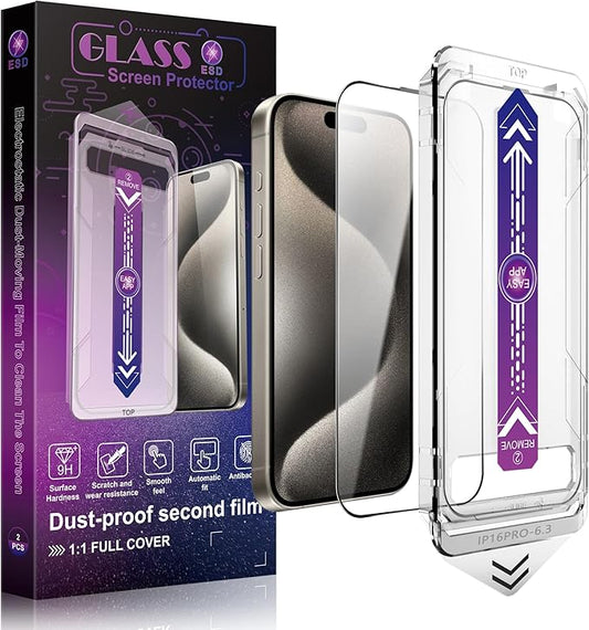 2 Pack Screen Protector Tempered Glass for iPhone 17&16 Pro 6.3-Inch Auto Dust Removal, No Bubbles, High Definition Clear, Easy Installation