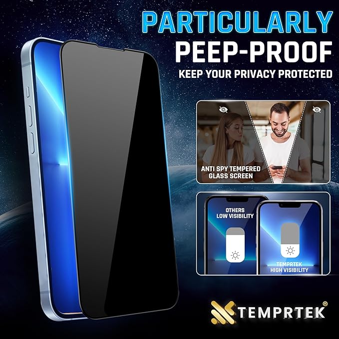 TEMPRTEK+ 2 Pack Privacy Screen Protector for iPhone 14 Pro Max | 9H+ Military Grade 3X Protection for iPhone 14 Pro Max Screen Protector | Anti Scratch/Spy | Bubble Free | No Glare | Case Friendly