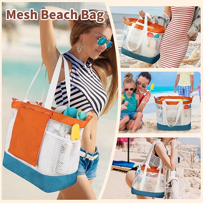Mesh Beach Bag, Extra Large Beach Bags for Women, Lightweight Foldable Sandproof Tote Bag for Family & Vacation