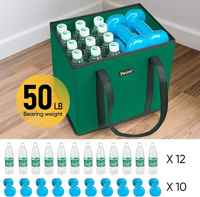 BALEINE 3Pk Reusable Grocery Bags, Foldable Shopping Bags for Groceries with Reinforced Bottom & Handles (Green)