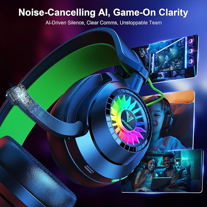 HW10 Wireless Gaming Headset for PS5,PS4,PC,2.4GHz Bluetooth Gaming Headphones with Noise Cancelling Microphone,50Hr Battery Gamer Headset for Switch, Laptop,Mobile,Mac,Cool RGB (Black/Green)