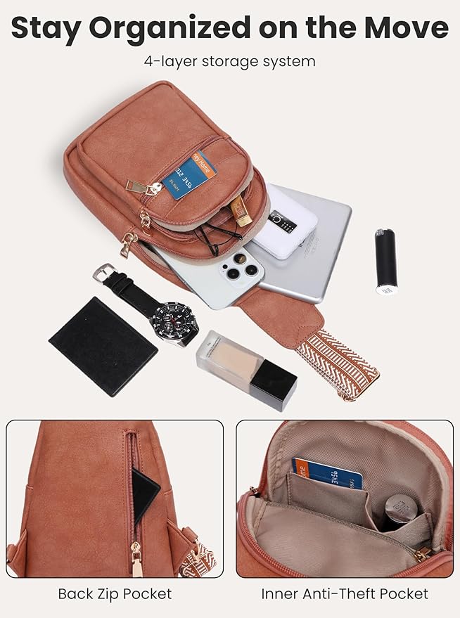 Crossbody Sling Bag for Women Vegan Leather Fanny Pack Small Cross Body Purse Anti Theft Chest Bag for Travel Brown