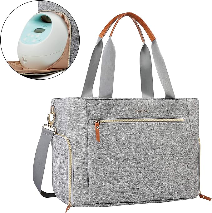mommore Breast Pump Bag Diaper Tote Bag with 15 Inch Laptop Sleeve Fit Most Breast Pumps Like Medela, Spectra S1,S2, Evenflo
