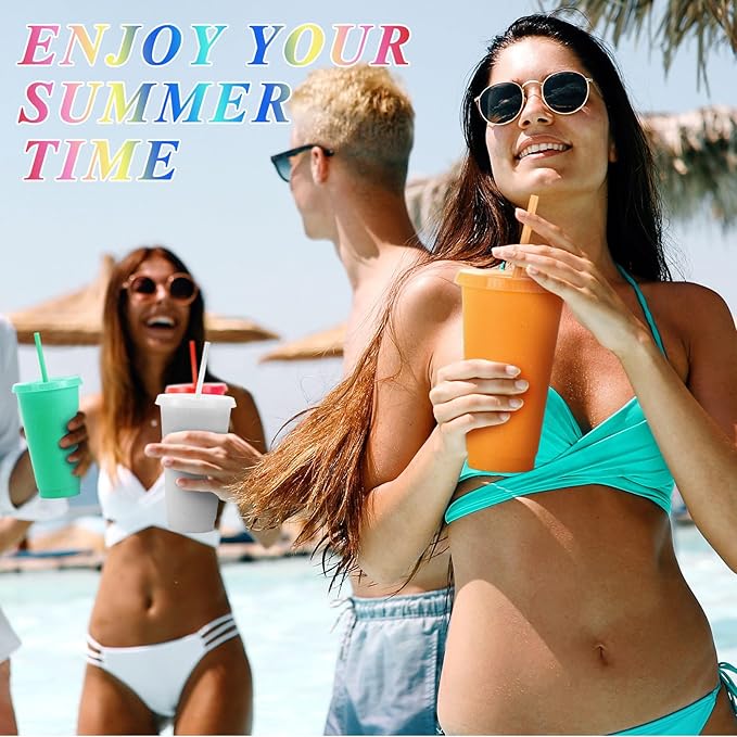 Honeydak 100 Pack Tumbler with Straw and Lid Bulk Glitter Plastic Cups Water Bottle Iced Coffee Travel Mug Reusable Party Favor Cups for Birthdays travel 24-27 oz (Vintage Color)