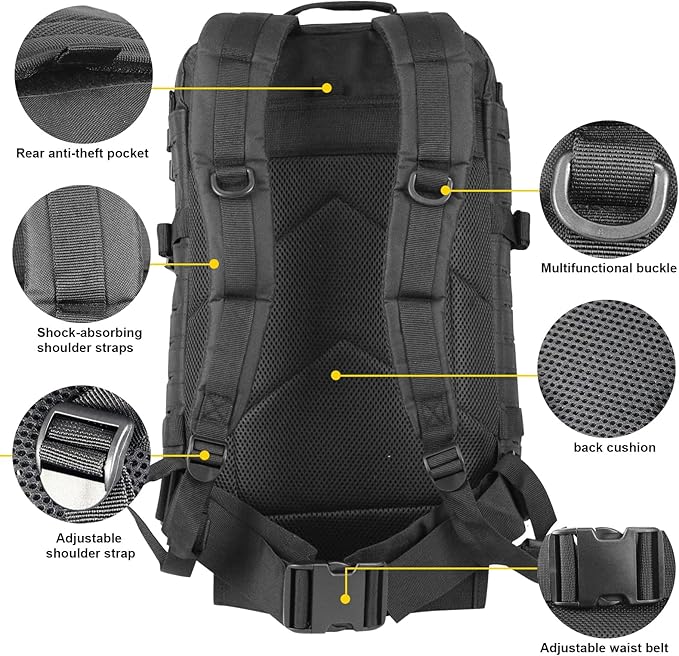 40L Tactical Backpack, Camouflage Military Bug Out Bag, Durable MOLLE Hiking Camping Gear (BLACK)