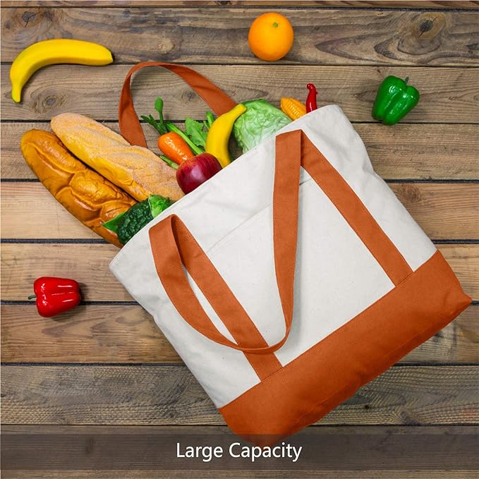 TOPDesign 1-Pack Canvas Tote Bag with an External Pocket, Reusable Grocery Shopping Bag, Top Zipper Closure, Daily Essentials (Orange/Natural)