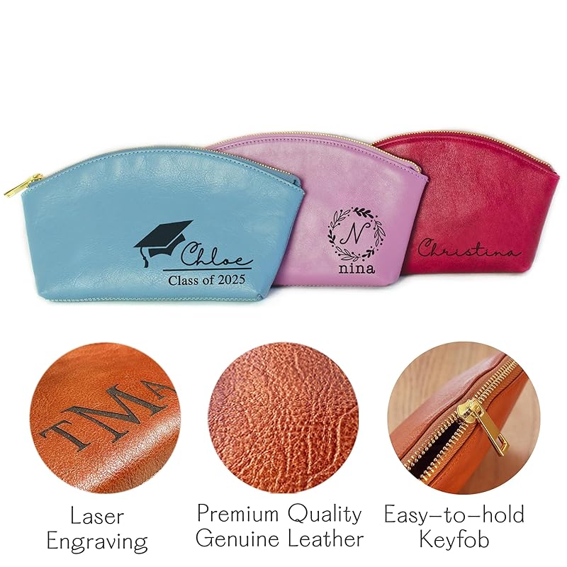 Custom Makeup Bag • 100% Genuine Leather Purses for Women • Cosmetic Bags for Women • Customized Makeup Bag with Name • Personalized Toiletry Bag • Gifts for Teenage Girls • Bridesmaid Proposal Gifts