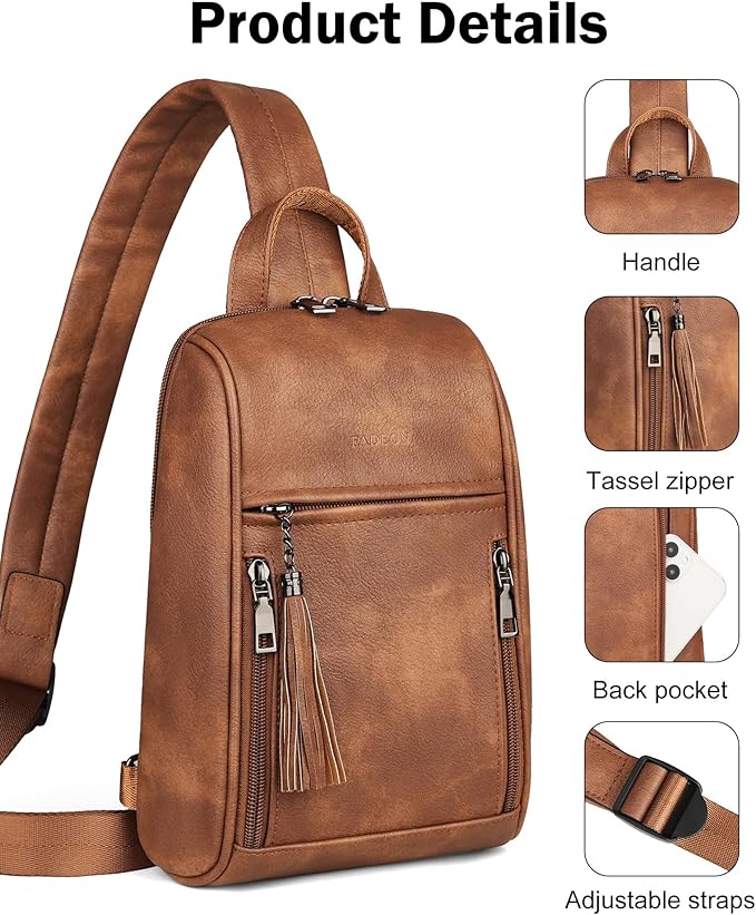 FADEON Sling Bag for Women, Crossbody Purse with Tassels, Designer Leather Shoulder Chest Bags for Travel