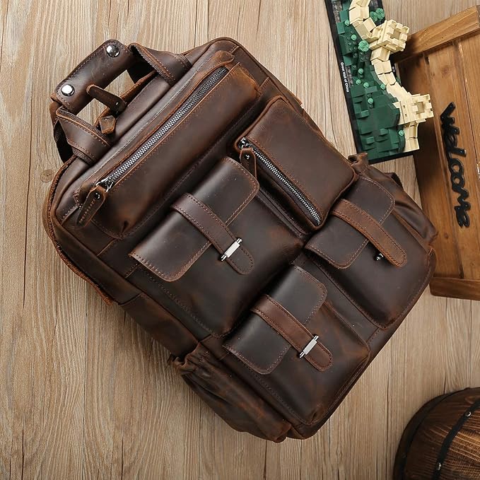 Masa Kawa Leather Backpack for Men Vintage 15.6 Inch Laptop Bag Multi Pockets Casual Travel Daypack Brown