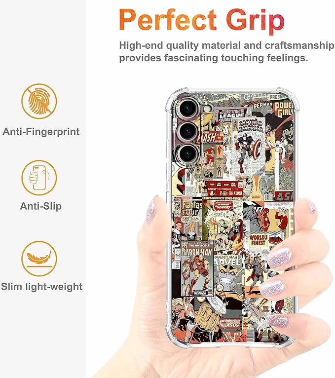 Case for Samsung Galaxy S23+ with Superhero Design,Cartoon Comic Pop Culture Art Collage,Clear Soft TPU Bumper Phone Cover,6.6"(Hero,S23P)