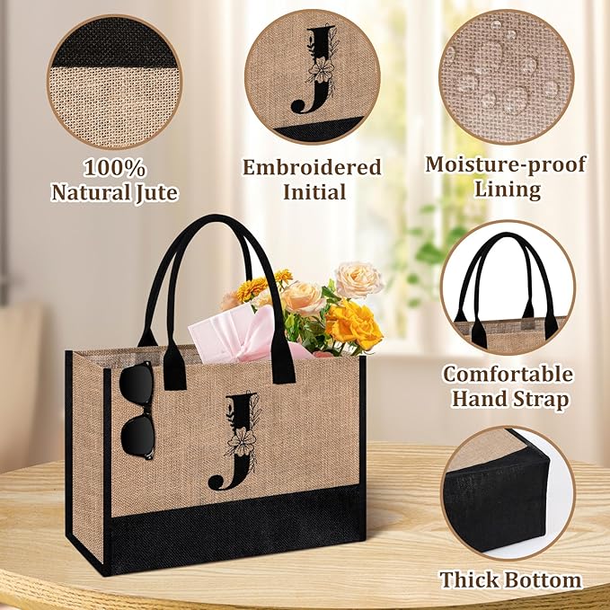 AYGE Personalized Initial Jute Tote Bag & Makeup Bag, Beach Bag, Monogrammed Birthday Gifts for Women Sister Mom Bridesmaid