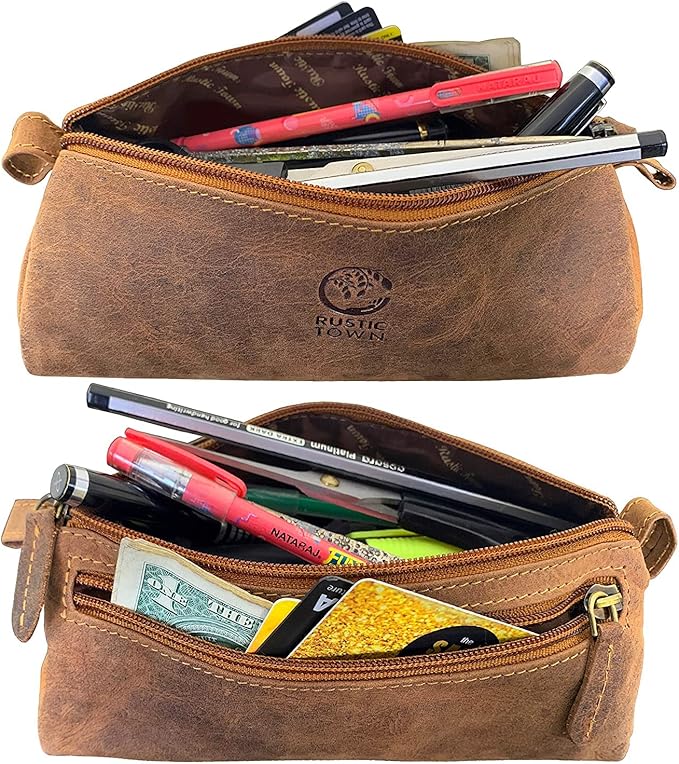 Rustic Town Leather Pencil Case - Full Grain Leather Zippered Pen Pouch - Stationery Bag Pen Holder for Work & Office