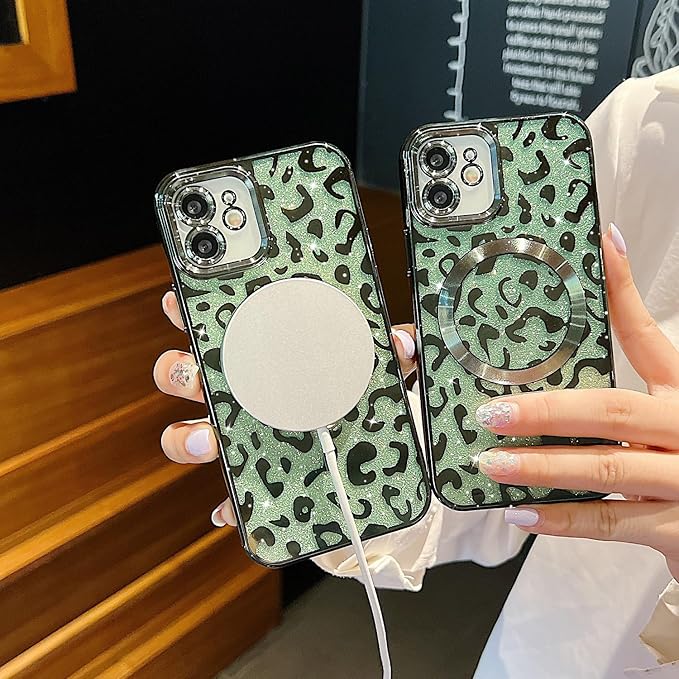 for iPhone 11 Case Magnetic,Soft Cute Luxury Leopard Cheetah Pattern Plating Glitter Bling Phone Case Compatible with MagSafe Clear Shockproof Back Cover for Women Girl 6.1"-Green