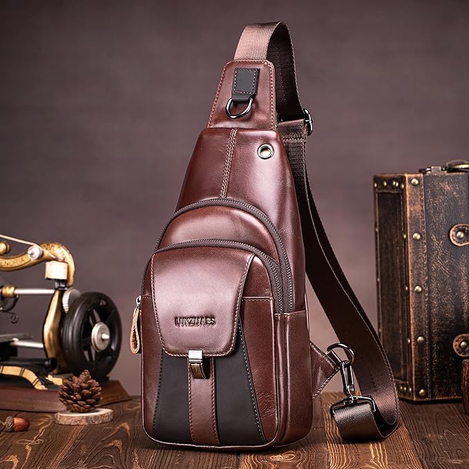 LUKZIJAES Genuine Leather Sling Bag for Men Vintage Crossbody Bag Men Chest Pack Mens Cross Shoulder Bags Hiking Daypacks Travel Backpack (#2-Coffee)