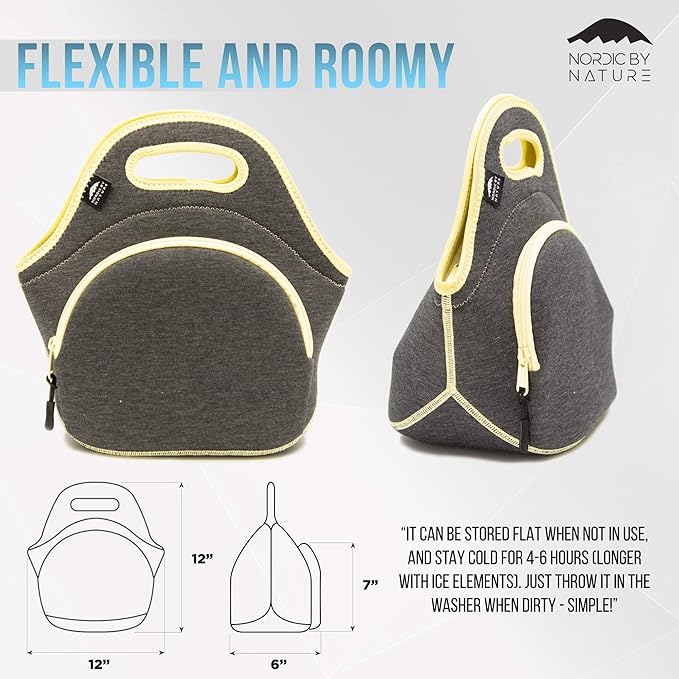 Nordic By Nature Lunch Bags For Women & Lunch Boxes For Kids Premium Insulated Lunch Box Extra Thick Neoprene, Soft Cotton Feel, Premium Stitching, Outside Pocket, Washable (M) Yellow