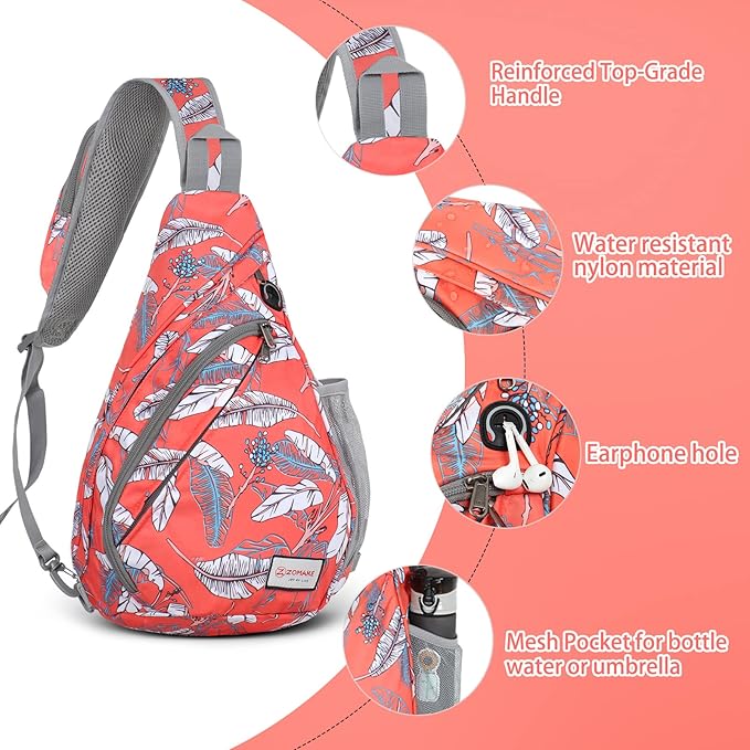 ZOMAKE Sling Bag,Small Crossbody Sling Backpack,Water Resistant Shoulder Daypack for Travel,Anti Thief Chest Bag for Hiking(Orange White Leaf)