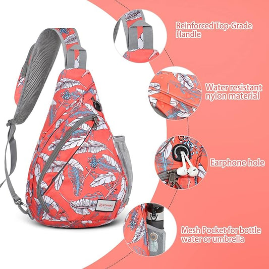 ZOMAKE Sling Bag,Small Crossbody Sling Backpack,Water Resistant Shoulder Daypack for Travel,Anti Thief Chest Bag for Hiking(Orange White Leaf)