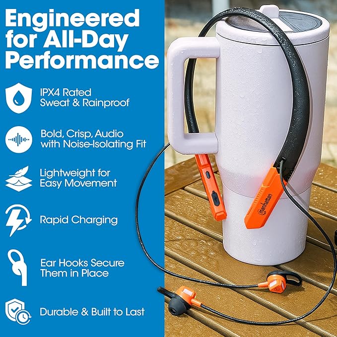 MANHATTAN Bluetooth Wireless Neckband Headphones — Work Earbud Earphones with 15H Playtime, Noise-Isolating, IPX4 Water Resistant, Built-in Mic – for Work, Music, Calls – 3 Yr Mfg Warranty -179829