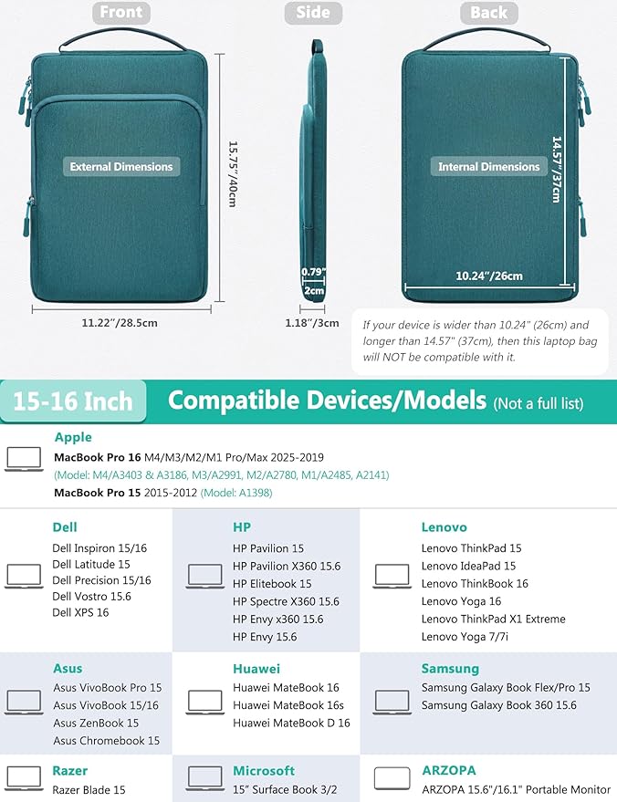 HYZUO 15-16 Inch Laptop Bag Sleeve for MacBook Pro 16 M4 M3 M2 M1 2025-2019, 15" Surface Book, Notebook Case for 15" 15.6" Dell HP Lenovo ThinkBook Asus Acer Samsung Huawei, Dark Green
