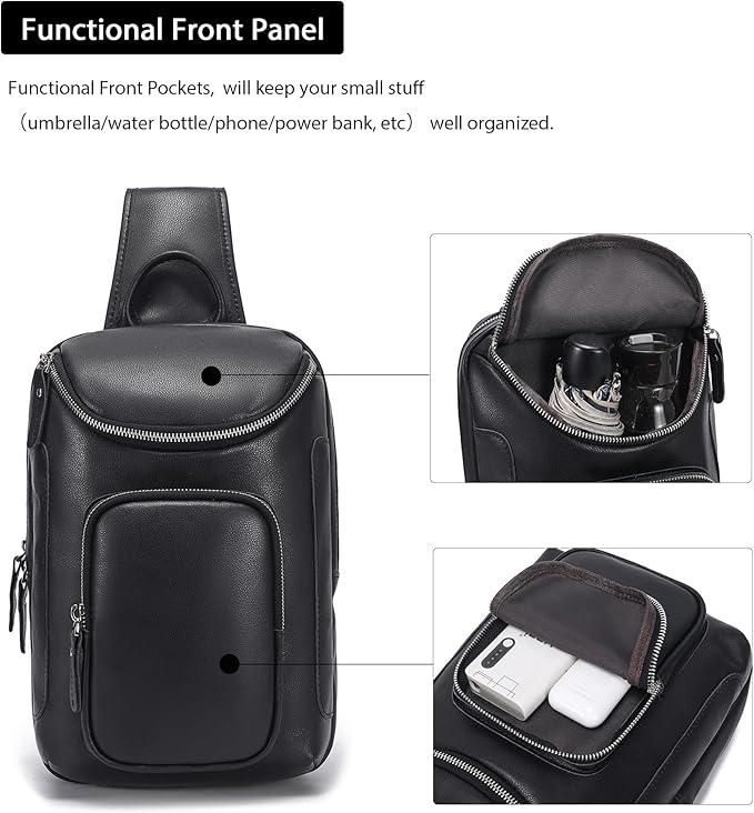 LANNSYNE Full Grain Leather Sling Bag For Men, Crossbody Chest Daypack Fits 10.5" iPad, Men’s Crossbody Bag