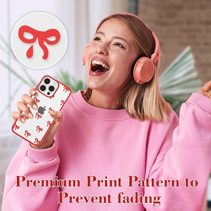 EYZUTAK Case for iPhone 17 Pro, Clear Cute Ribbon Bowknot Pattern Aesthetic Transparent Phone Case Raised Camera Protection Stylish Slim Soft Durable TPU Protective Cover for Women Girls - Red