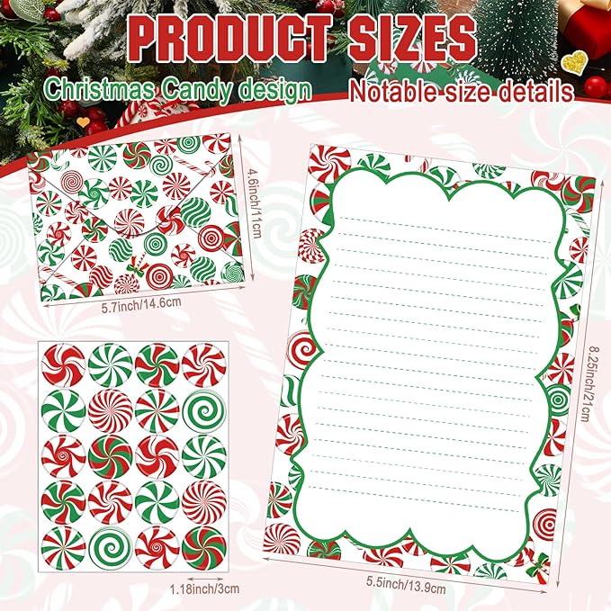 TaoBary 160 Pcs Stationery Paper Set 50 Double Sided Stationery Papers with 50 Matching Envelopes and 60 Round Dot Sticker, 10 Design(Christmas Candy,5.5 x 8.25 Inch)