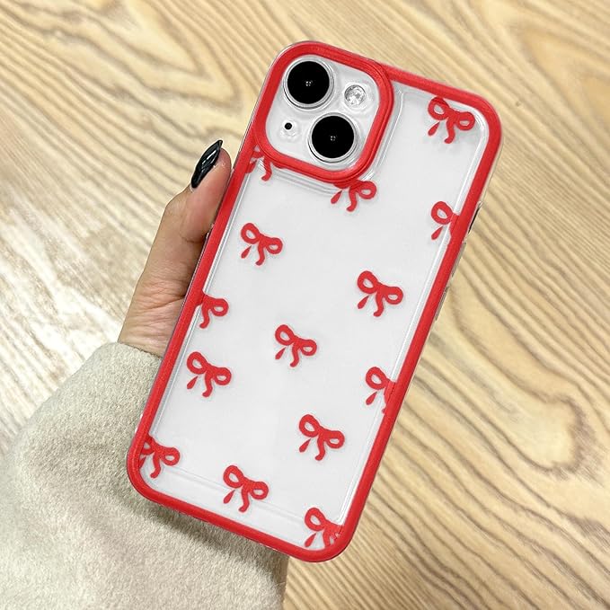EYZUTAK Case for iPhone 14, Clear Cute Ribbon Bowknot Pattern Aesthetic Transparent Phone Case Raised Camera Protection Stylish Slim Soft Durable TPU Protective Cover for Women Girls - Red