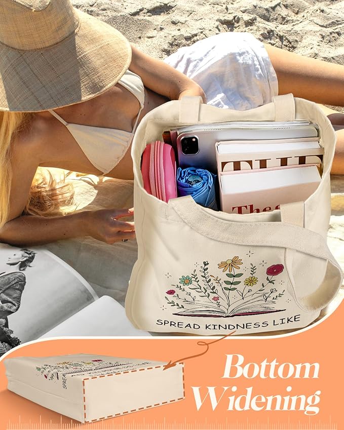 2 Pack Canvas Tote Bag - with Makeup Pouch Aesthetic Cute Women Reusable Canvas Bag for Shopping, Work, Travel