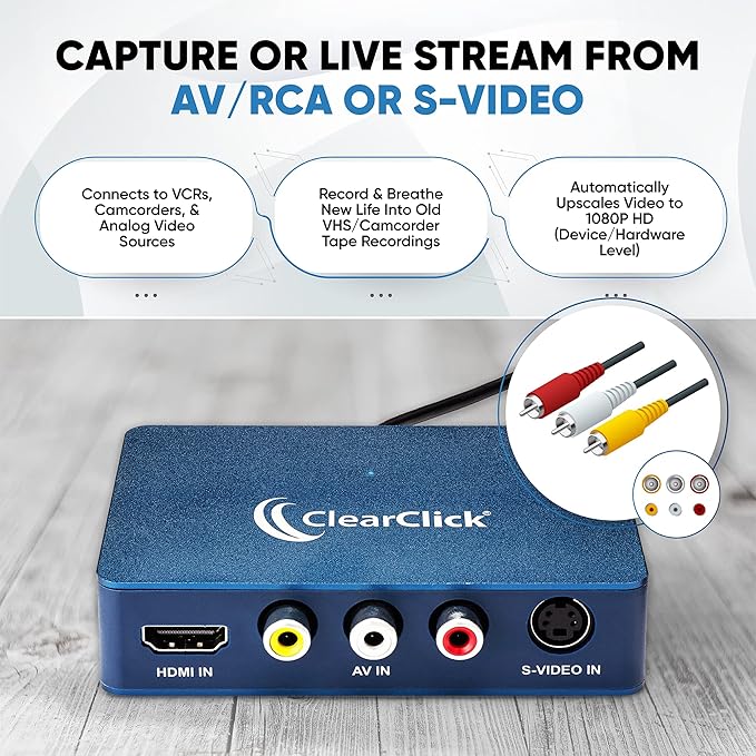 ClearClick Video to USB 1080P Audio Video Capture & Live Streaming Device - Input HDMI, AV, RCA, S-Video, VCR, VHS, Camcorder, Video8, Hi8, DVD, Gaming Systems - USB-C Plug & Play