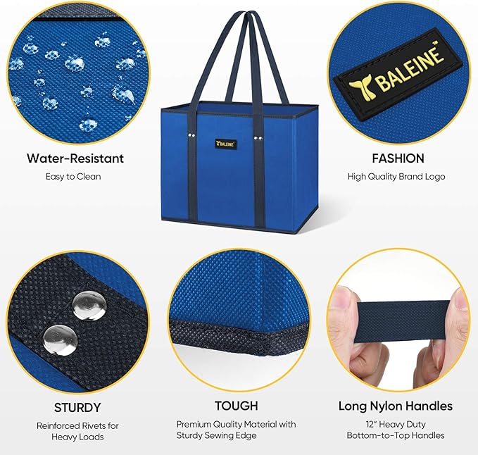 BALEINE 3Pk Reusable Grocery Bags, Foldable Shopping Bags for Groceries with Reinforced Bottom & Handles (Blue)