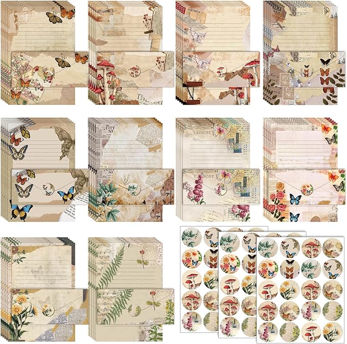 TaoBary 160 Pcs Stationery Paper Set 50 Double Sided Stationery Papers with 50 Matching Envelopes and 60 Round Dot Sticker, 10 Design(Nature Vintage Style,8.5 x 11 Inch)