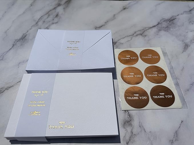 RUN2PRINT (36 Pack) Thank You Cards With Envelopes & Gift of 36 Foiled Stickers - Elegant Embossed Gold Foil Pressed Blank Notes Wedding All Occasion Cards (White)