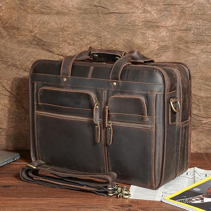 Polare 17'' Full Grain Leather Briefcase Laptop Attache Case Messenger Bag For Men Fits 15.6'' Laptop