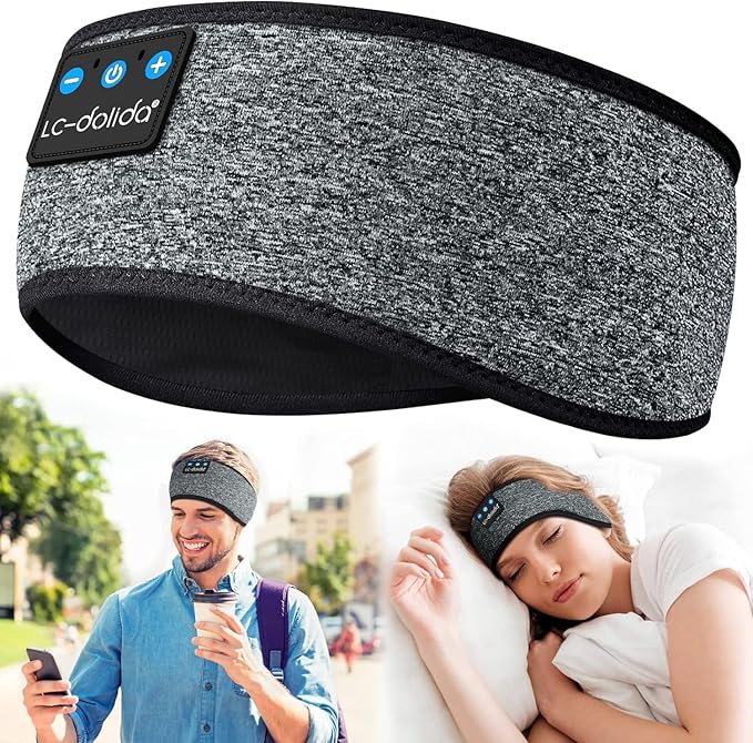 LC-dolida Sleep Headphones Bluetooth Headband, Headband, Sleep Mask with Bluetooth Thin HD Stereo Speakers Perfect for Side Sleepers, Sport, Yoga, Travel, Gray