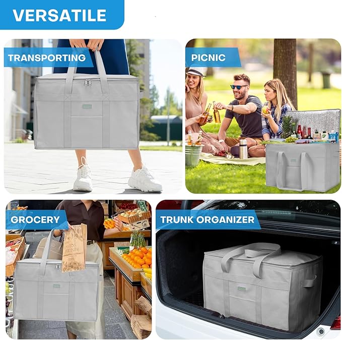 JUNGYOON 2-Pack Heavy-Duty Insulated Grocery Bags & Food Delivery Bag – Collapsible Cooler Bag with Zippered Top | Reusable Shopping Bags for Groceries, Picnics, Easy Storage(XXXL Grey)