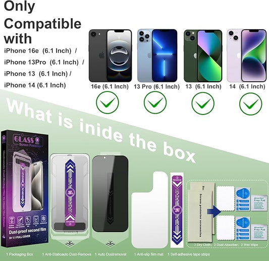 2 Pack Privacy Screen Protector for iPhone 16e and iPhone 14 and iPhone 13 and iPhone 13 Pro 6.1-Inch Auto Dust Removal, No Bubbles,Anti-Spy Tempered Glass Film, Easy Installation