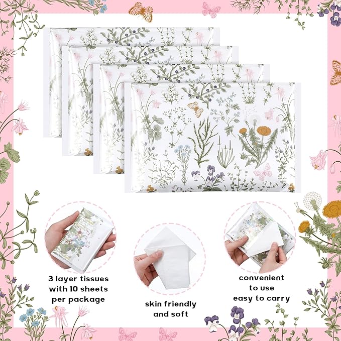 50 Pack Summer Floral Pocket Tissues Individual Packs Wildflower Wallet Tissue Travel Bulk 3 Ply Flower Facial Pocket Packets for Summer Wedding Birthday Party Supplies
