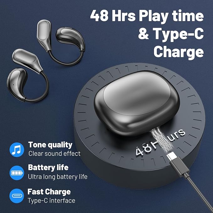 Open Ear Wireless Bluetooth Headphones, Sport Over Headset Built-in Mic, LED Display, Touch Control Earphones, IPX5 Waterproof for Sports Running Driving Cycling (Black)