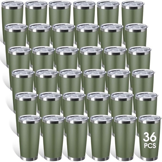 Sieral 36 Packs Stainless Steel Tumbler Bulk with Lid Vacuum Double Wall Insulated Travel Coffee Mug Powder Coated Tumbler Cup for Graduation Wedding Christmas Birthday Party(Army Green, 20 oz)