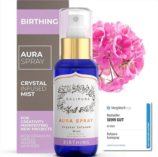BALIPURA - Birthing Crystal Aura Spray - Sage, Jasmine & Vanilla Essential Oil Blend - Quartz and Amethyst Gemstones - Astra Aromatherapy Mist for Stress Relief, Deep Pillow and Lavender Sleep Spray