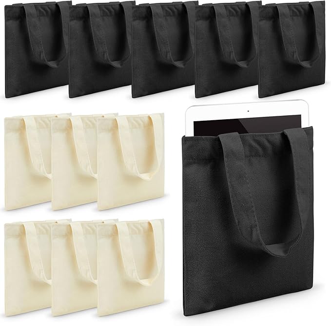 Amylove 12 Pcs Mini Tote Bag Sublimation Blank Canvas Tote Bags Reusable Grocery Luggage DIY Sack Goody for Party Even (8.5 x 8 Inch,Black,White)