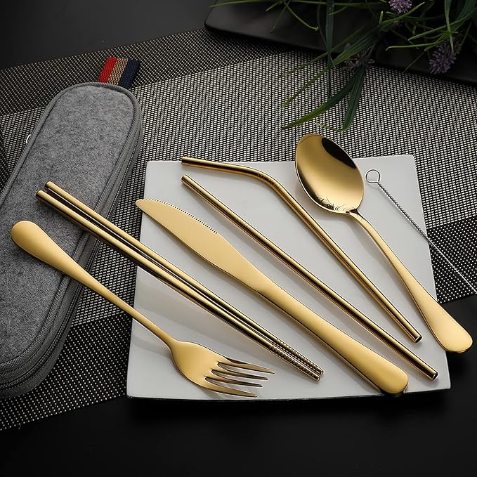 DEVICO Portable Utensils, Travel Camping Cutlery Set, 8-Piece including Knife Fork Spoon Chopsticks Cleaning Brush Straws Portable Case, Stainless Steel Flatware set (Gold)