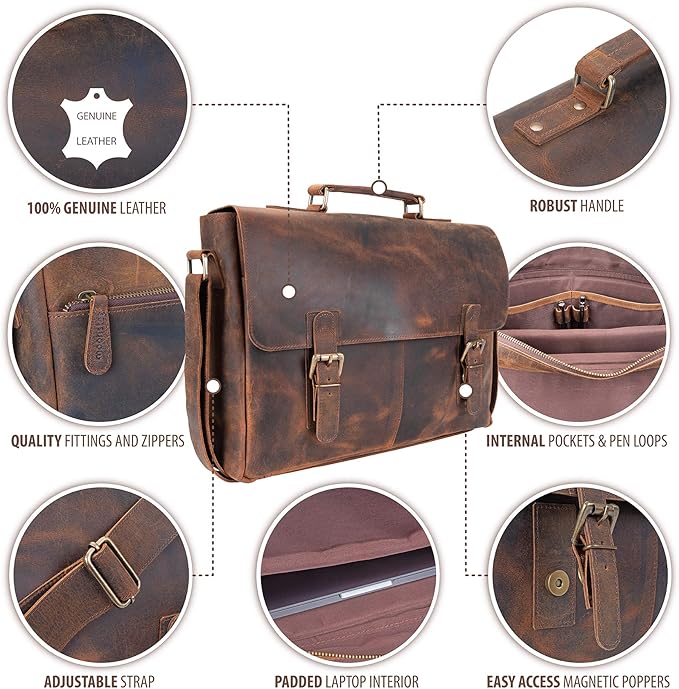 moonster Leather Messenger Bag for Men, Rustic Messenger Bag for Women – Handmade Full Grain Leather Bag for Men - Distressed Buffalo Leather – 16 Inch Laptop Bag with Padded Compartment Pockets