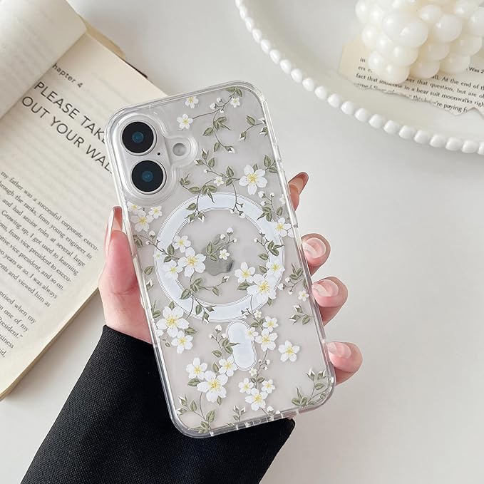 ZTOFERA for iPhone 16 Magnetic Case Compatible with Magsafe,Aesthetic Floral Pattern Design Cute for Girl Women,Anti-Drop Protective Hard Phone Cover for iPhone 16-Big White Flower