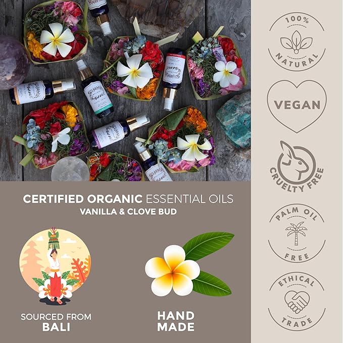 BALIPURA - Grounding Cleansing Healing Aura Spray - Natural Infused Auric Crystals & Gemstones - Vanilla & Clove Essential Oils Blend - Handmade in Bali - 3.4 fl.oz