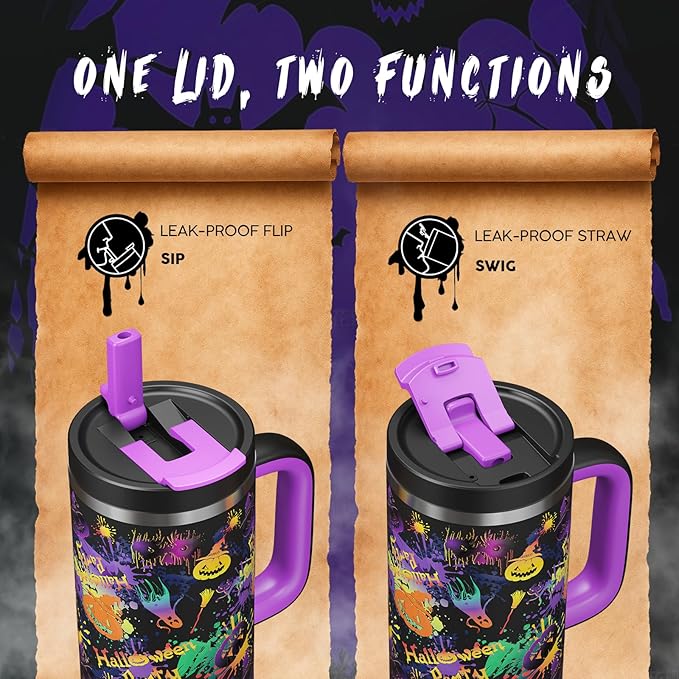 40oz Halloween Tumbler with Handle and Straw, Stainless Steel Insulated Water Bottle with Straw, Leak-Proof, Cup Holder Friendly, Keeps Cold 24 H, Gifts for Women Men, Ghost Party