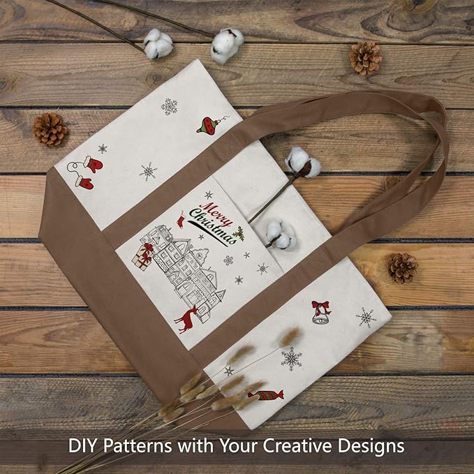 TOPDesign 3-Pack Canvas Tote Bags with an External Pocket, Reusable Grocery Shopping Bags, Top Zipper Closure, Daily Essentials (Brown/Natural)