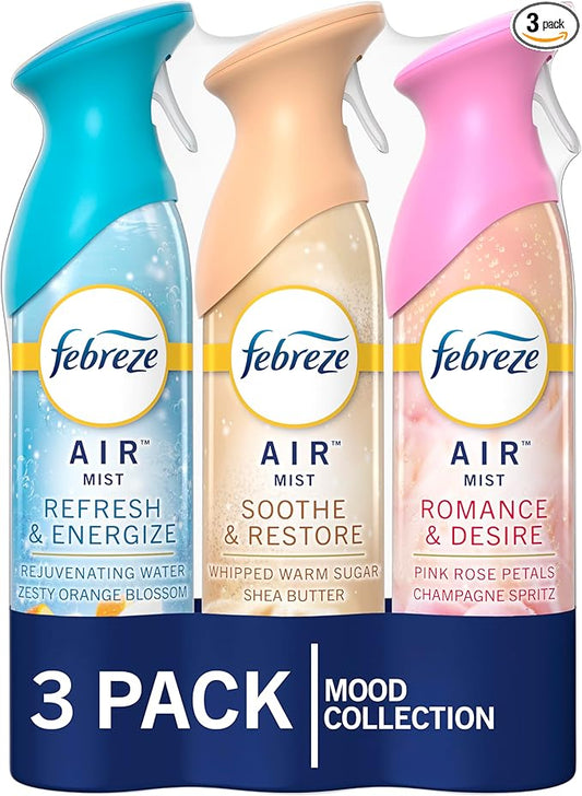 Febreze Air Mist Air Freshener Spray, Odor-Fighting Room Spray for Home and Bathroom and Kitchen, Aerosol Can, Refresh & Energize, Soothe & Restore, Romance & Desire Scent, 8.8oz, 3 Count